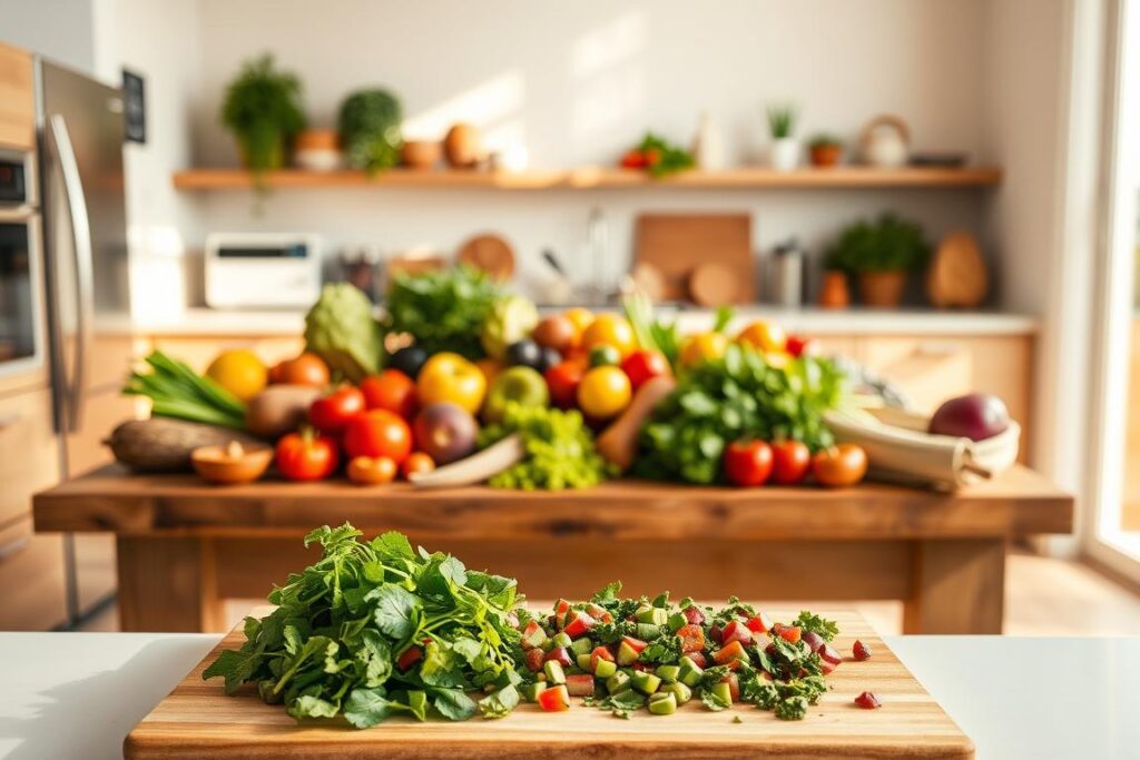 A vibrant, airy kitchen setting, bathed in warm natural light. Various fresh fruits and vegetables are artfully arranged on a rustic wooden table, showcasing the bounty of healthy ingredients. Sleek stainless steel appliances and minimalist decor create a modern, clean aesthetic. In the foreground, a cutting board displays neatly chopped greens, herbs, and colorful produce, suggesting the preparation of a nutritious dish. The overall scene radiates a sense of wellness and culinary inspiration, inviting the viewer to explore the "Emagrecer com Vida" approach to healthy cooking.