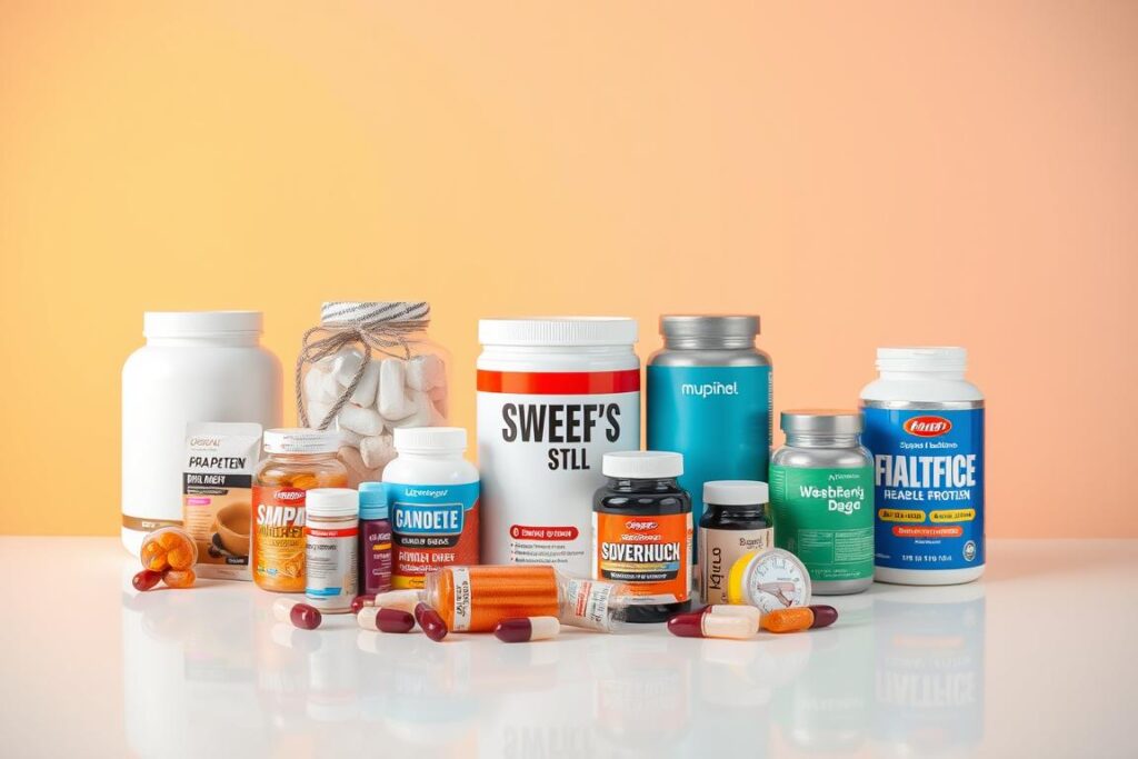 A well-lit studio photograph of various dietary supplements and sports nutrition products arranged neatly on a clean, white tabletop, with a focus on high-protein powders, vitamins, and fat-burning supplements. The image should convey a sense of balance, efficiency, and the strategic role of supplementation in the weight loss process. The lighting should be warm and inviting, highlighting the colors and textures of the products. The composition should be visually appealing, with a clean, minimalist aesthetic that reflects the professionalism and expertise associated with the subject matter.